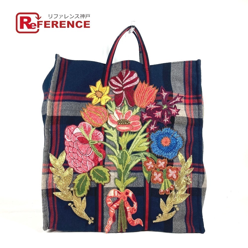 GUCCI Flora Flower Check Embroidery Bag Handbag Vertical Tote Navy Blue